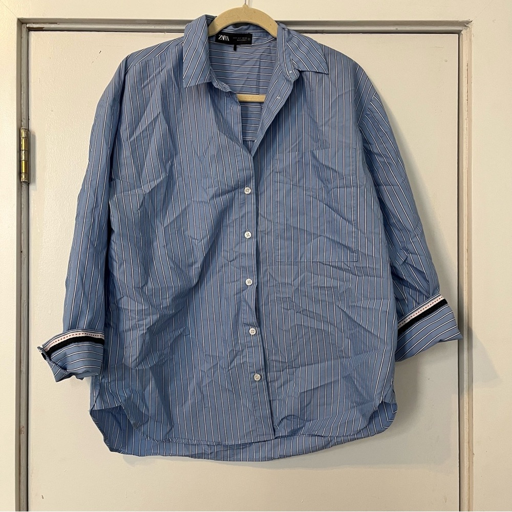 Zara Light Blue and white Striped button down shirt women’s medium oversized